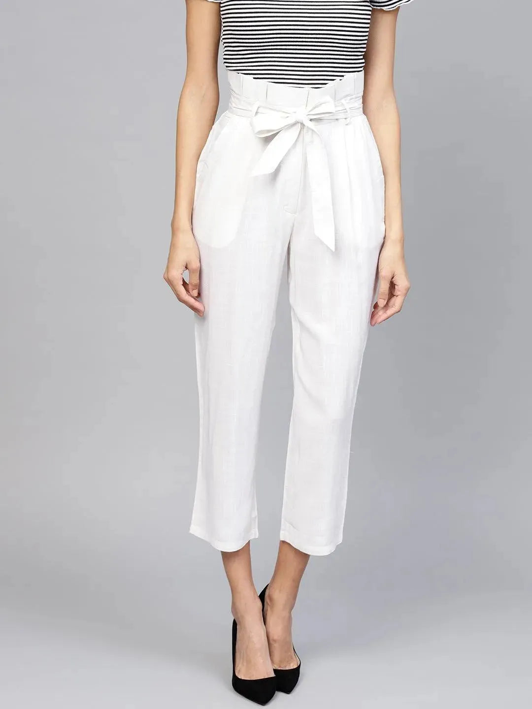White Solid Rayon Trousers - Libas 