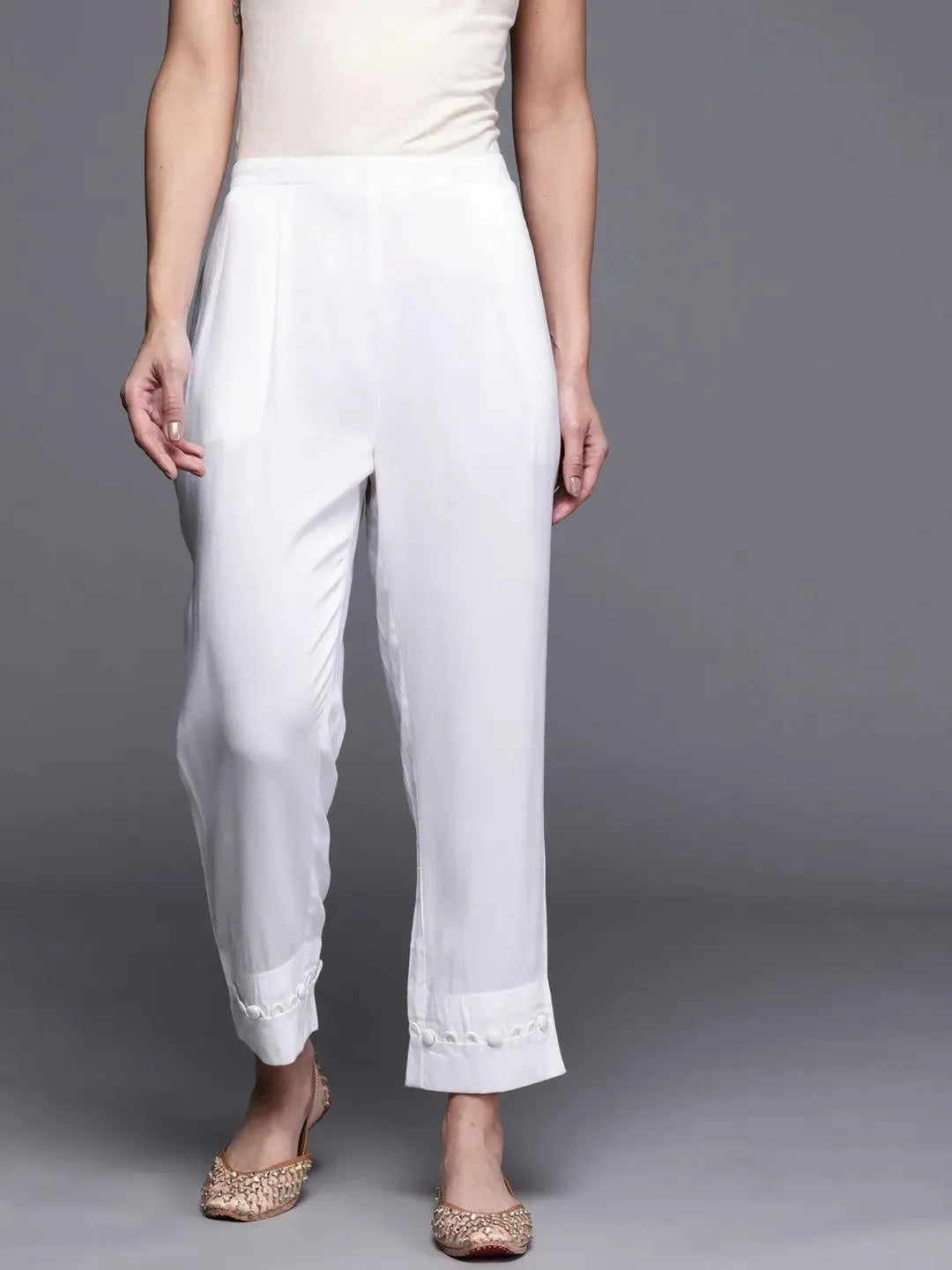 White Solid Rayon Trousers - Libas