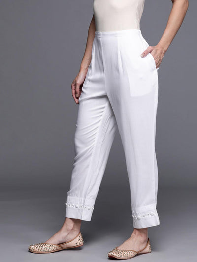 White Solid Rayon Trousers - Libas