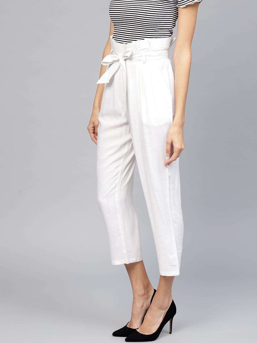 White Solid Rayon Trousers - Libas