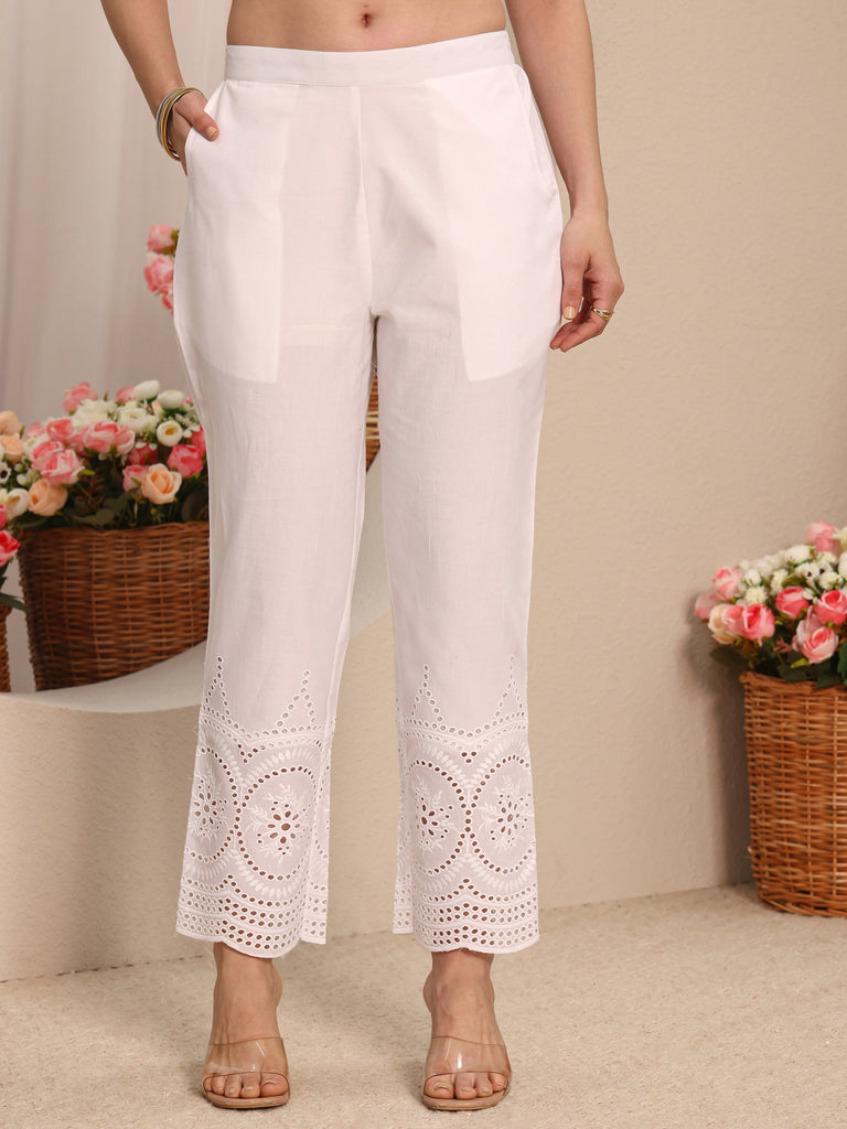 Libas White Solid Schiffli Design Cotton Trouser
