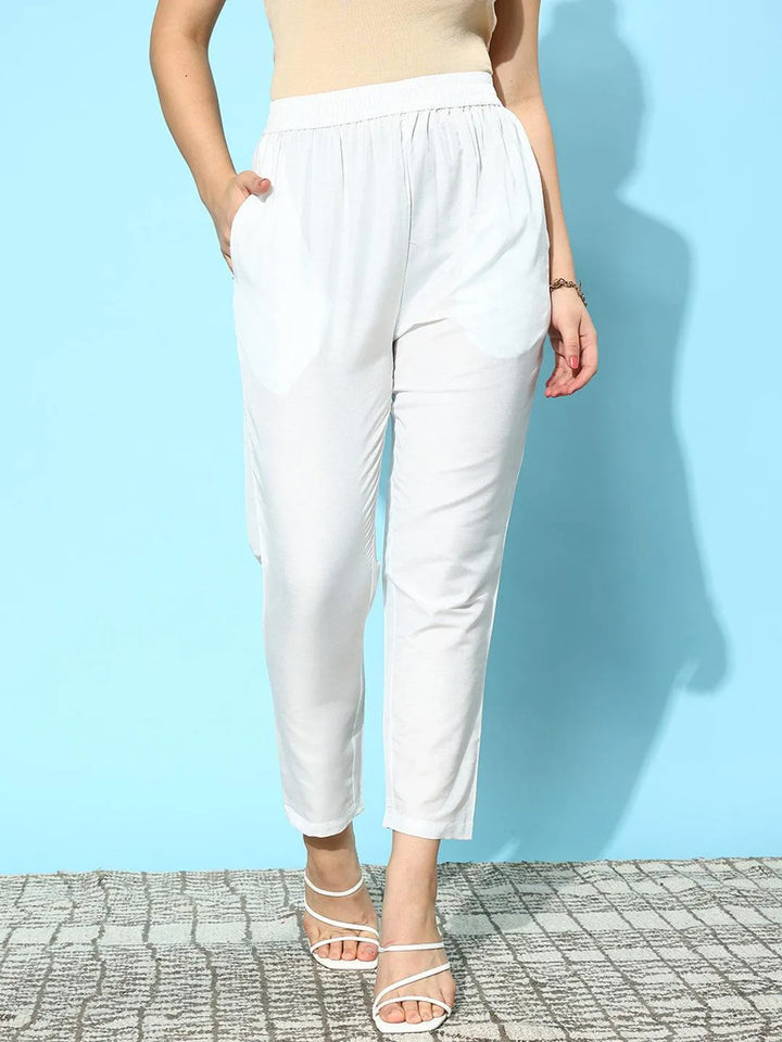 White Solid Silk Trousers - Libas