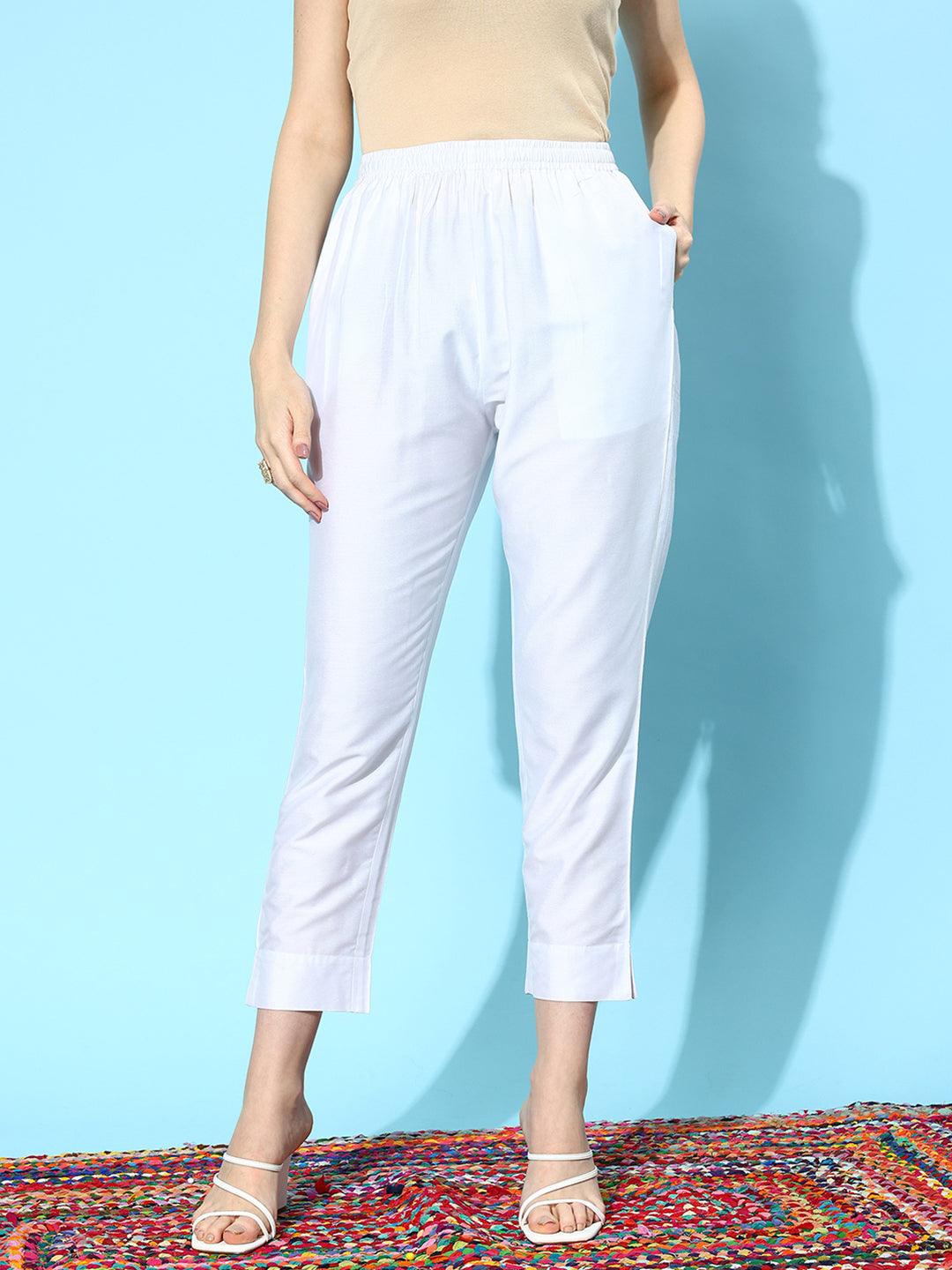 White Solid Silk Trousers