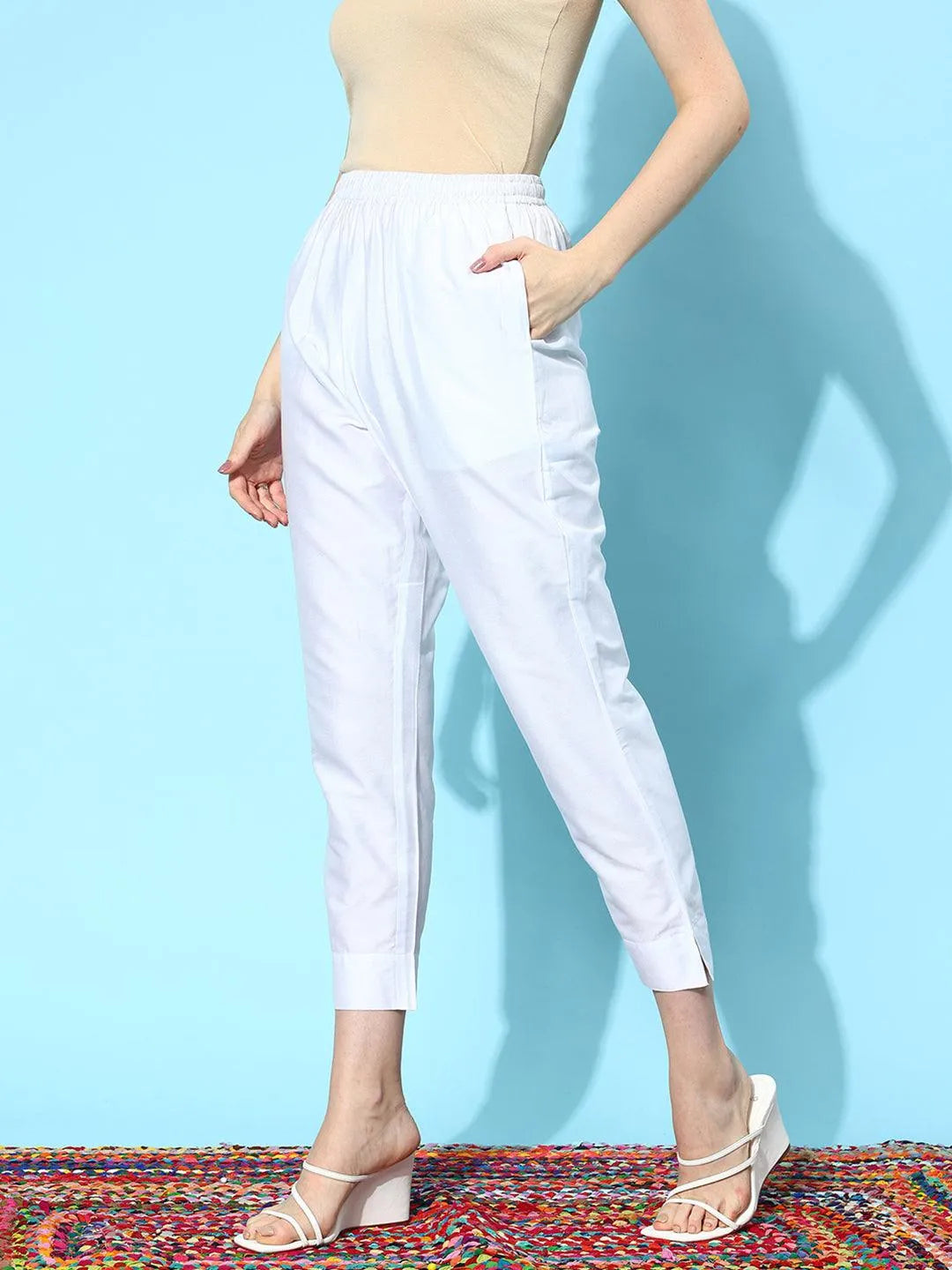 White Solid Silk Trousers - Libas