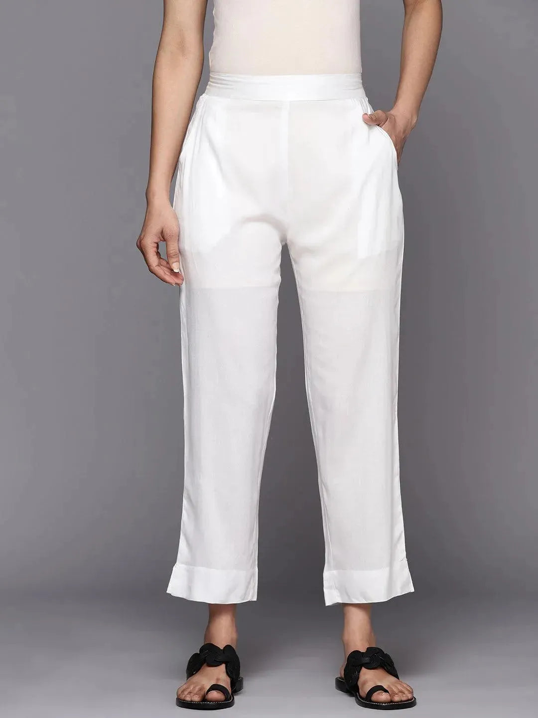 White Solid Viscose Rayon Trousers - Libas