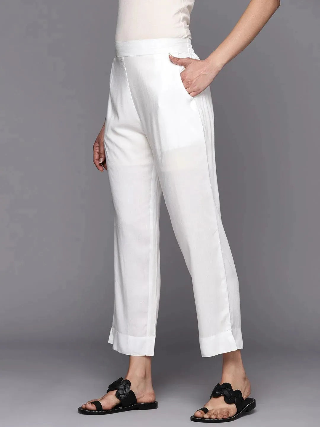 White Solid Viscose Rayon Trousers - Libas