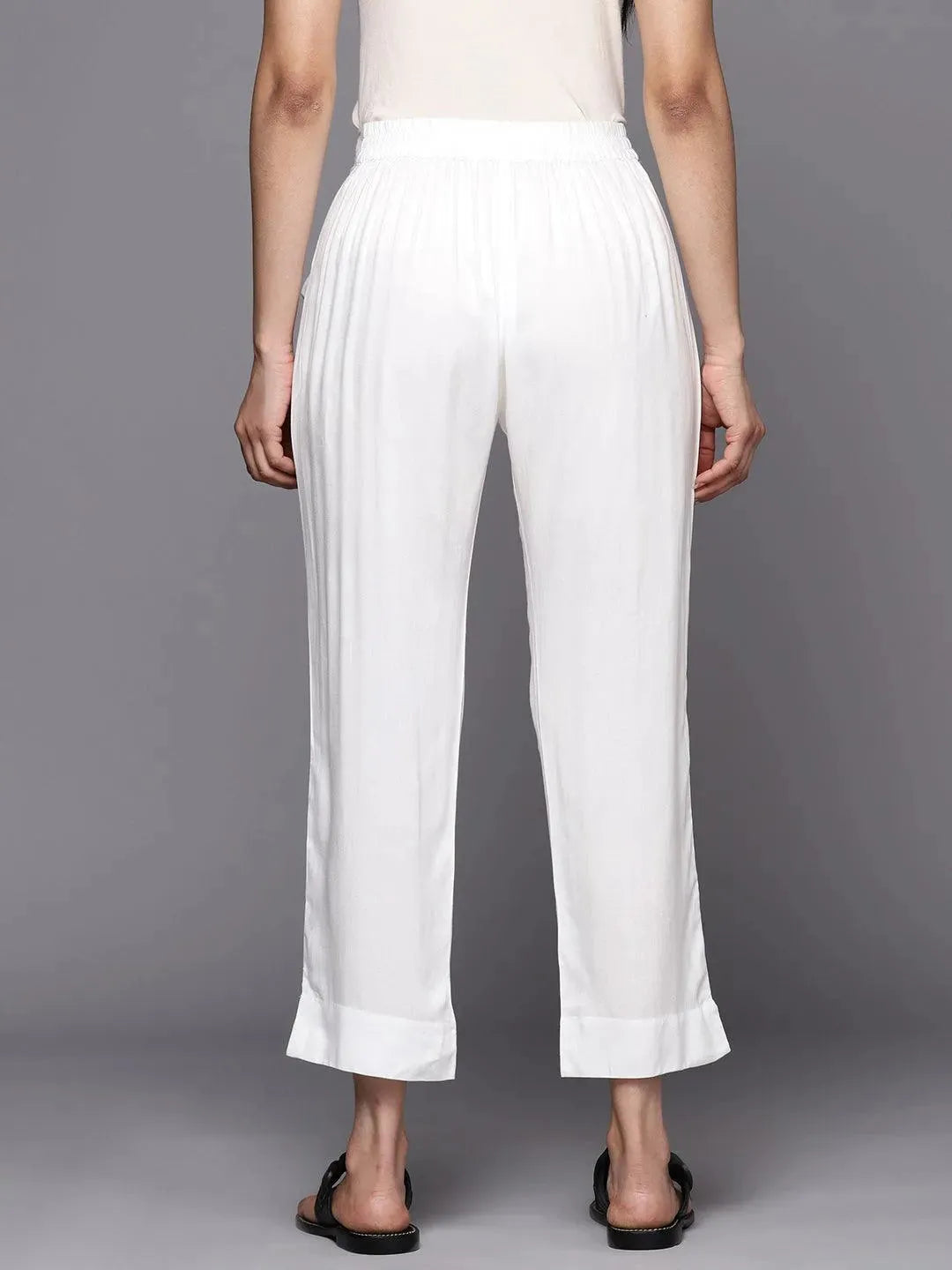 White Solid Viscose Rayon Trousers - Libas 