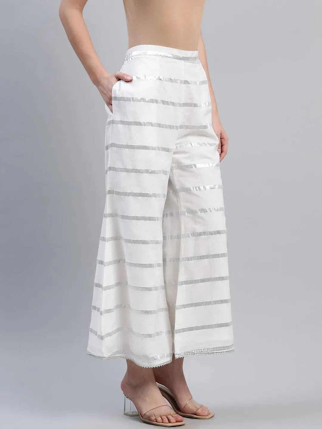 White Striped Cotton Palazzos - Libas