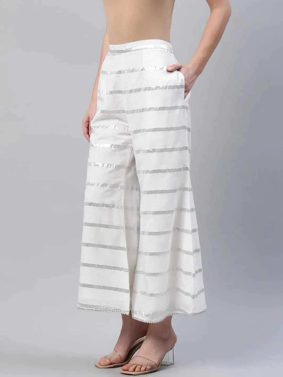 White Striped Cotton Palazzos - Libas 
