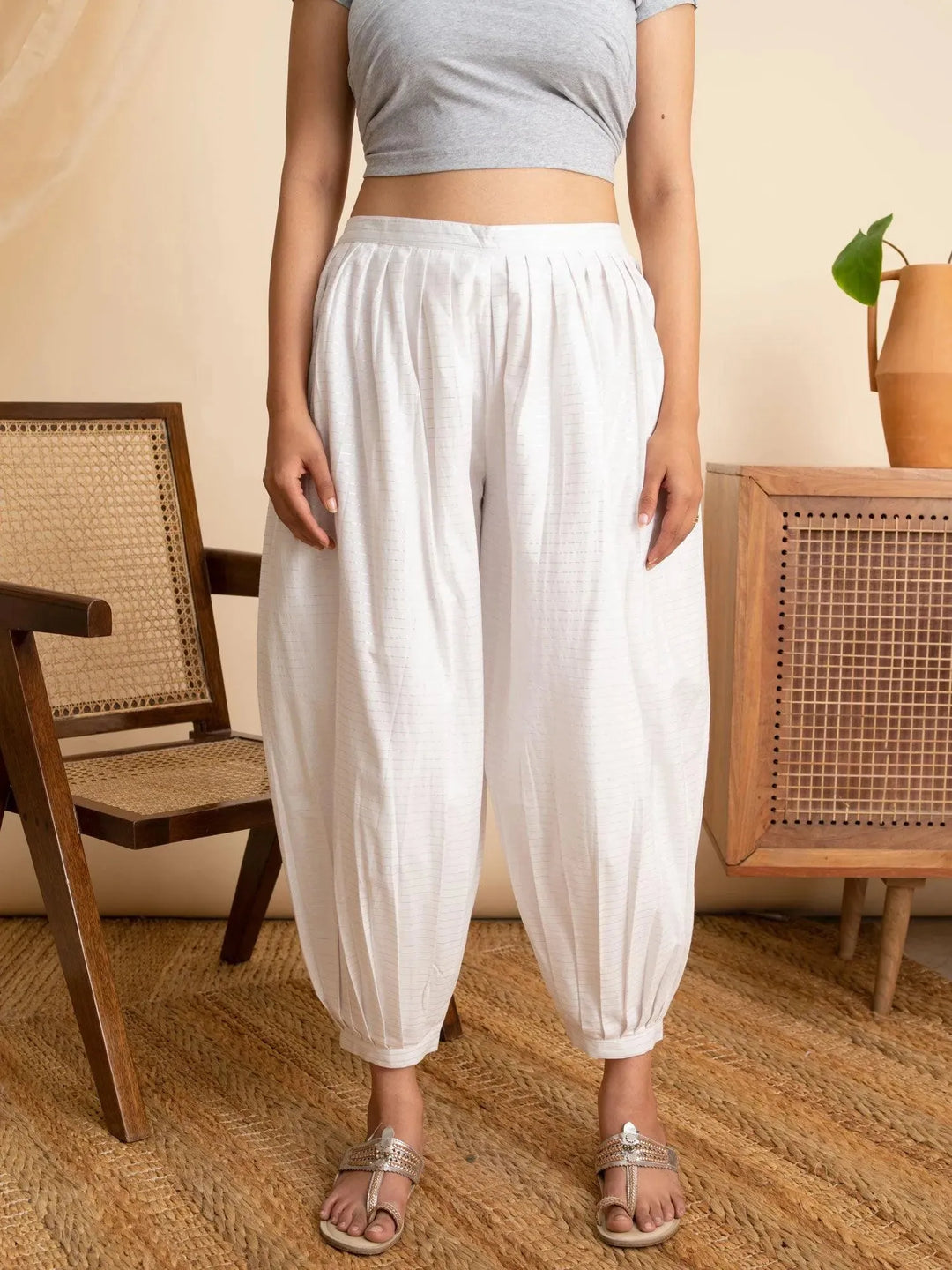 White Striped Cotton Salwar Pants - Libas 