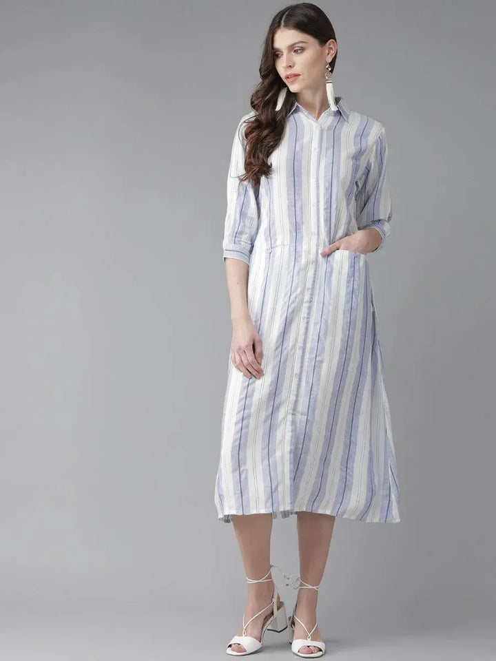 White Striped Rayon Dress - Libas