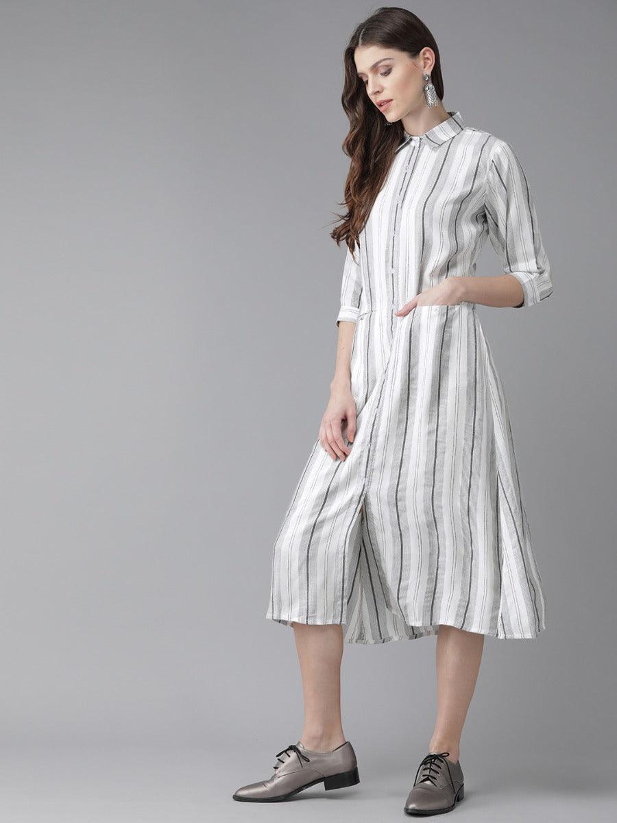 White Striped Rayon Dress - Libas
