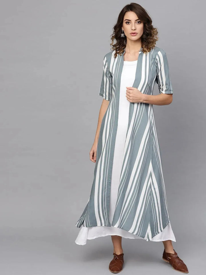 White Striped Rayon Dress With Jacket - Libas