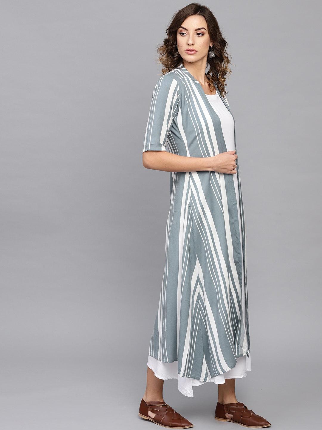 White Striped Rayon Dress With Jacket