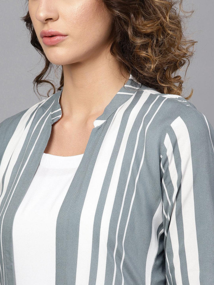 White Striped Rayon Dress With Jacket - Libas