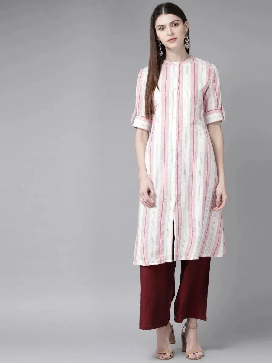 White Striped Rayon Kurta - Libas