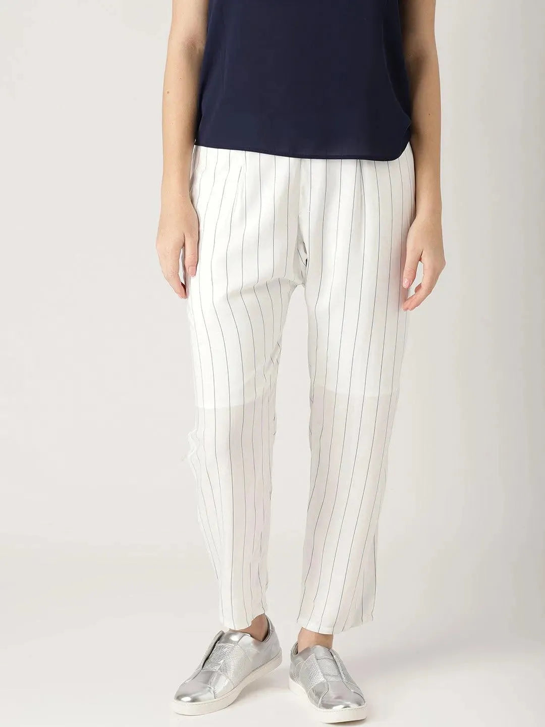 White Striped Rayon Trousers - Libas