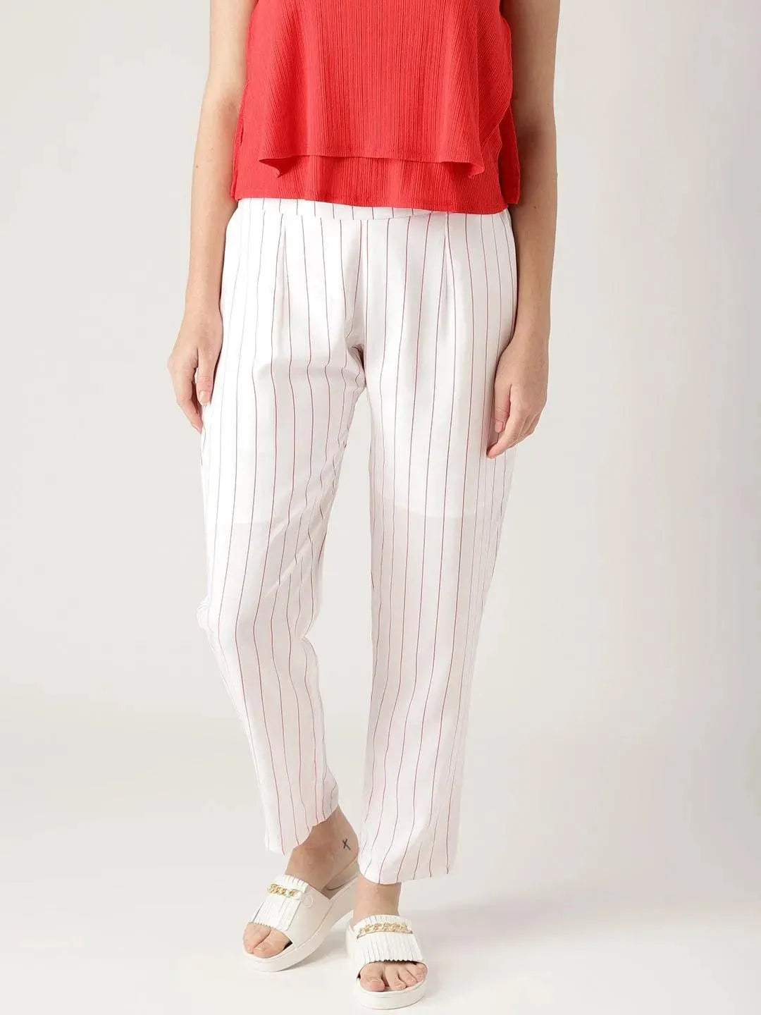 White Striped Rayon Trousers - Libas