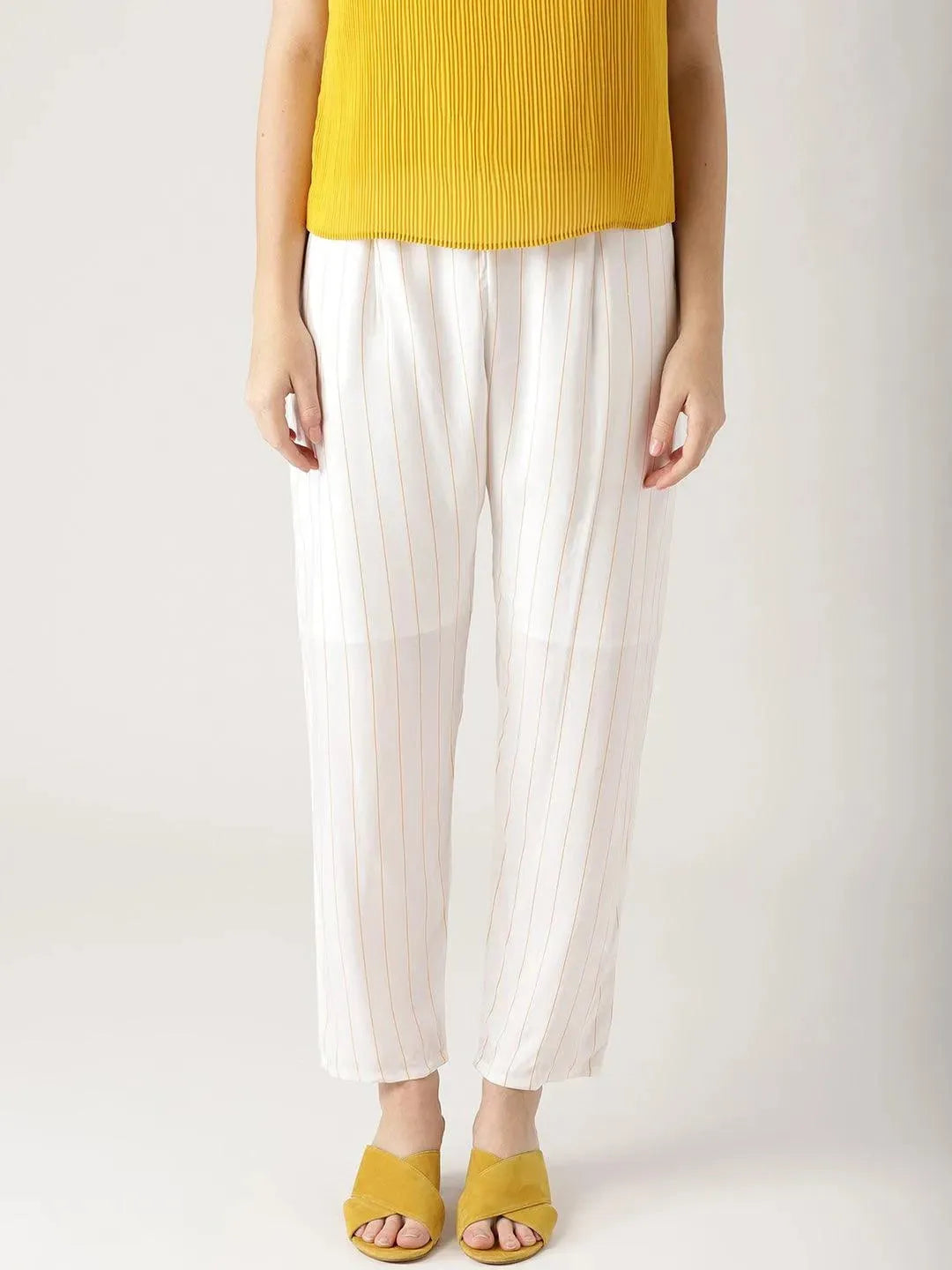 White Striped Rayon Trousers - Libas