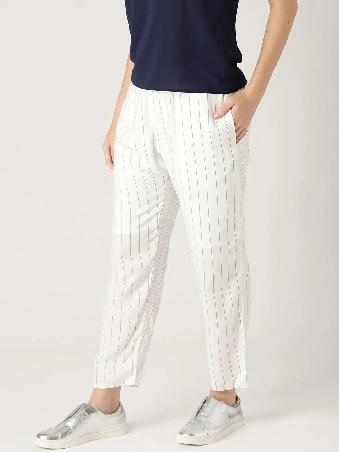 White Striped Rayon Trousers - Libas