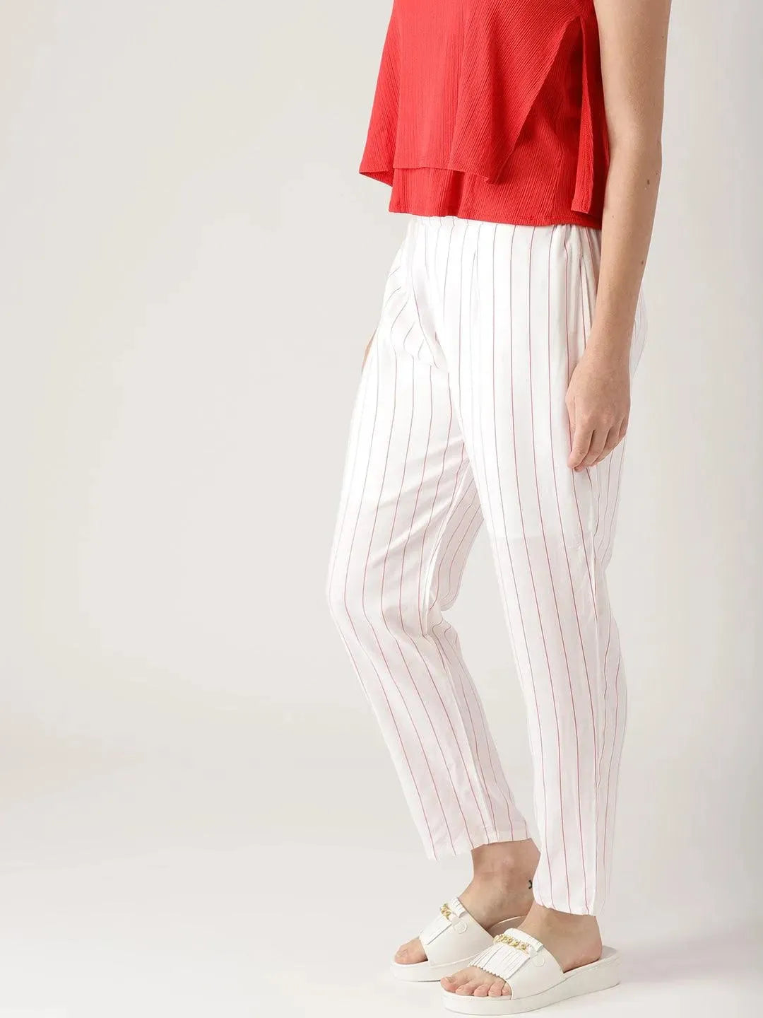 White Striped Rayon Trousers - Libas