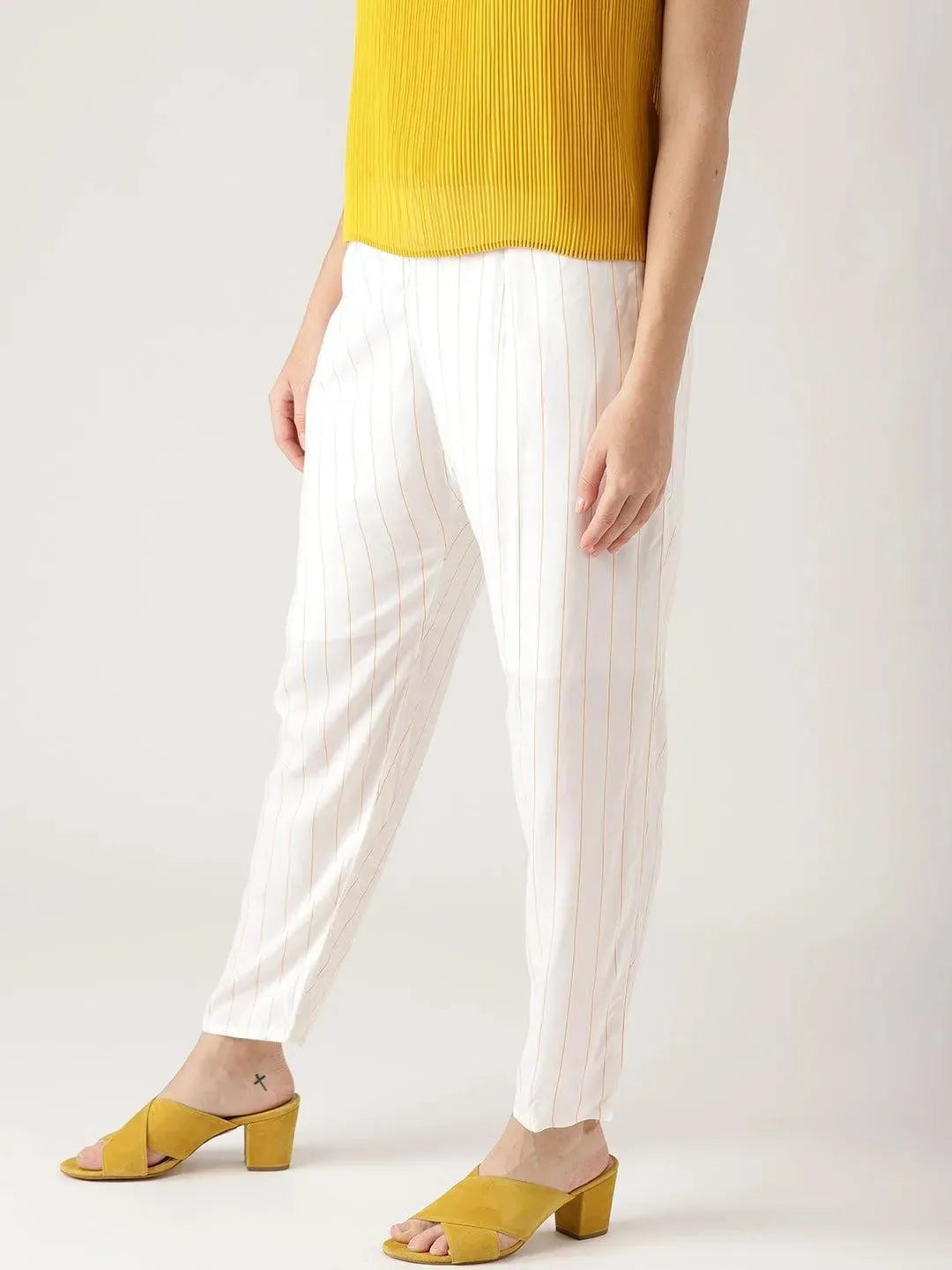 White Striped Rayon Trousers - Libas 