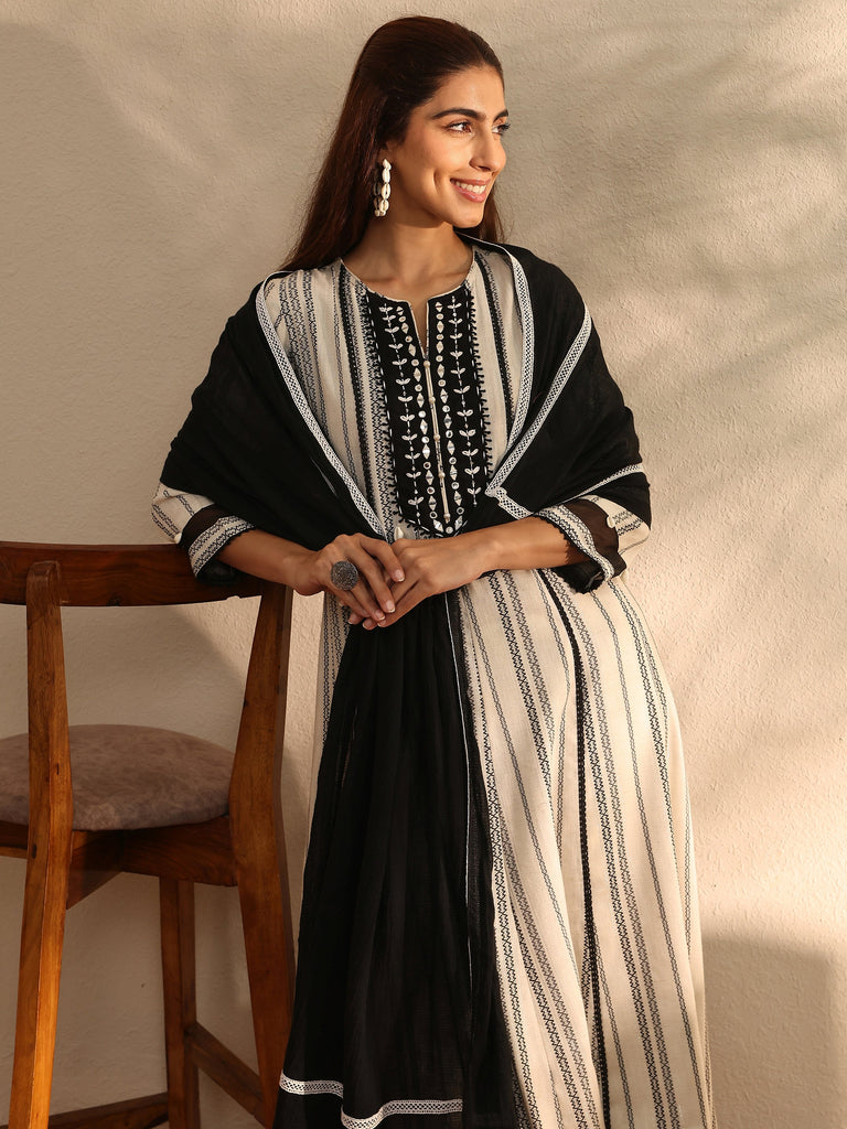 Libas White Striped Woven Design Cotton Blend A-Line Suit Set With Dupatta
