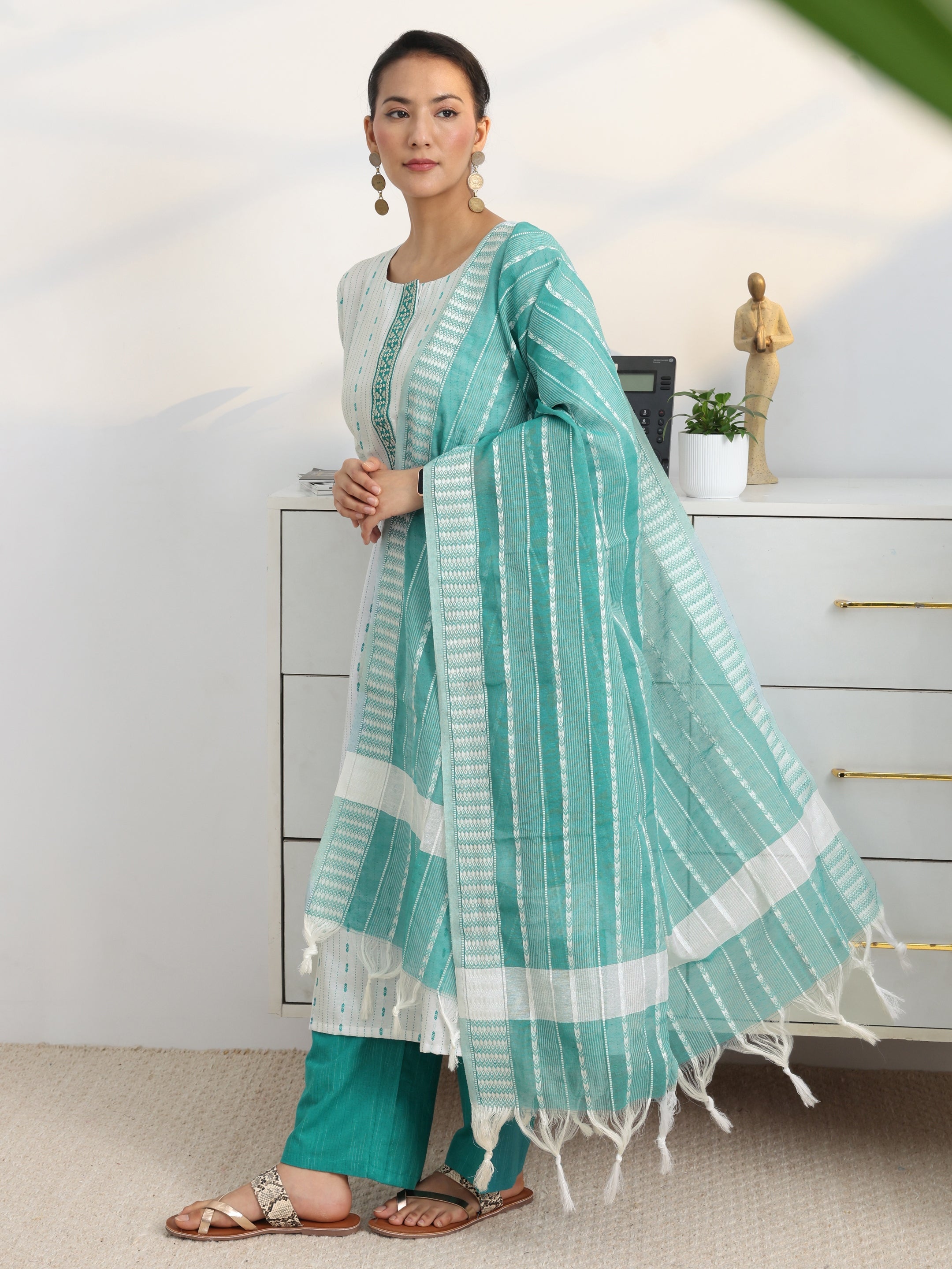 libas White Striped Woven Design Cotton Blend Straight Suit Set With Dupatta-picture-18