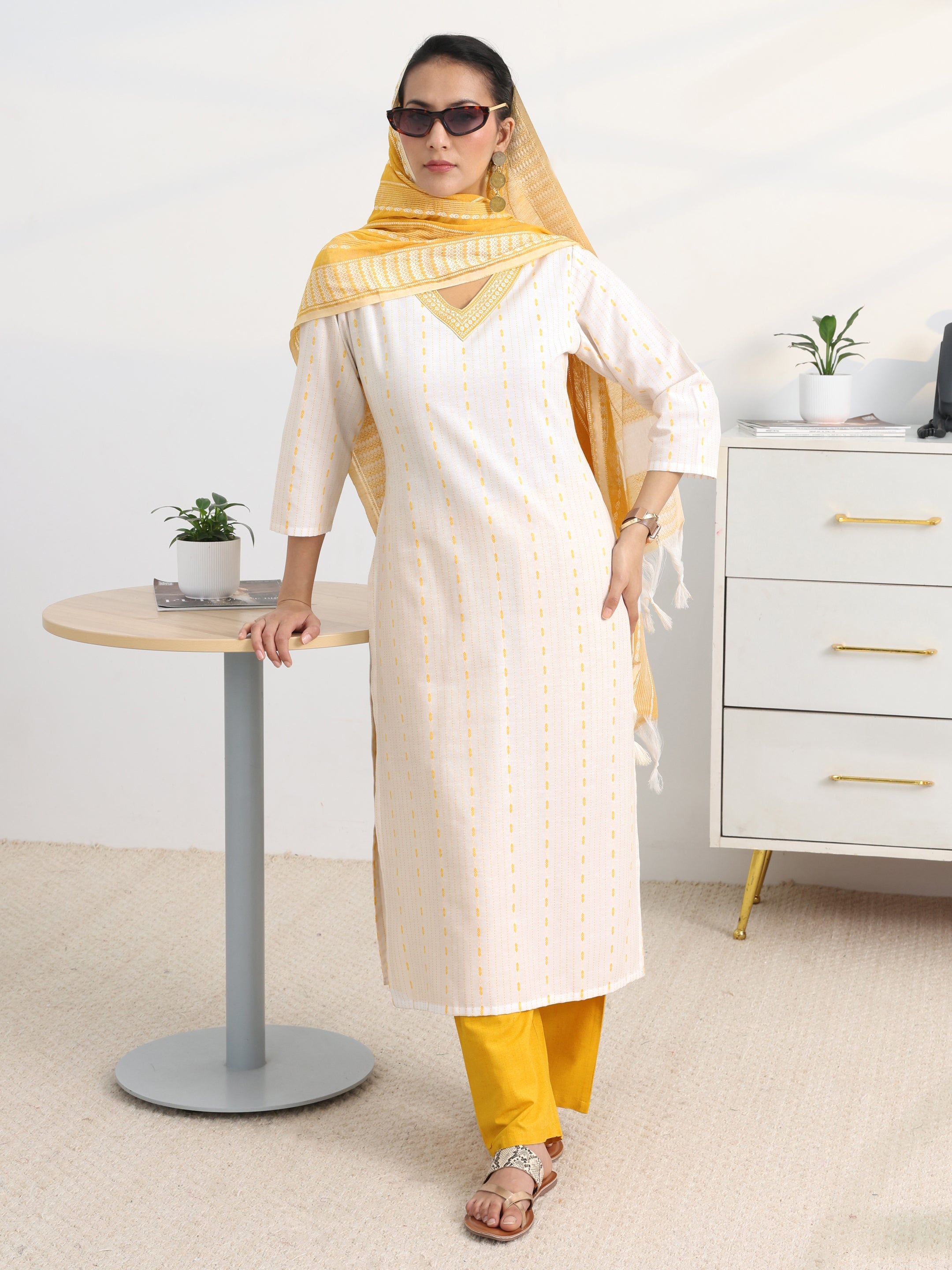 White Striped Woven Design Cotton Blend Straight Suit Set With Dupatta-image-15
