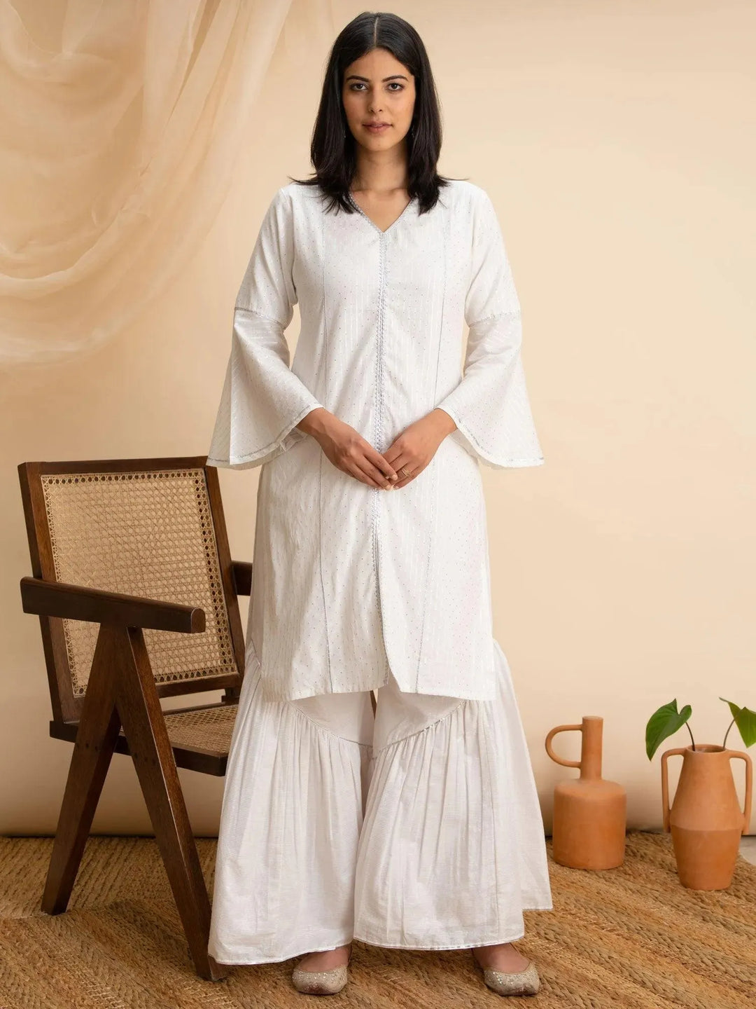 White Woven Design Cotton Kurta - Libas