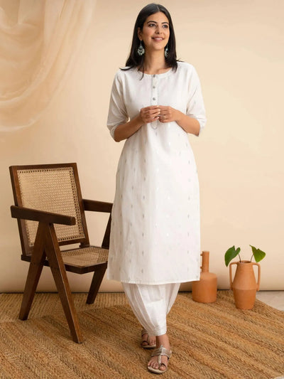 White Woven Design Cotton Kurta - Libas