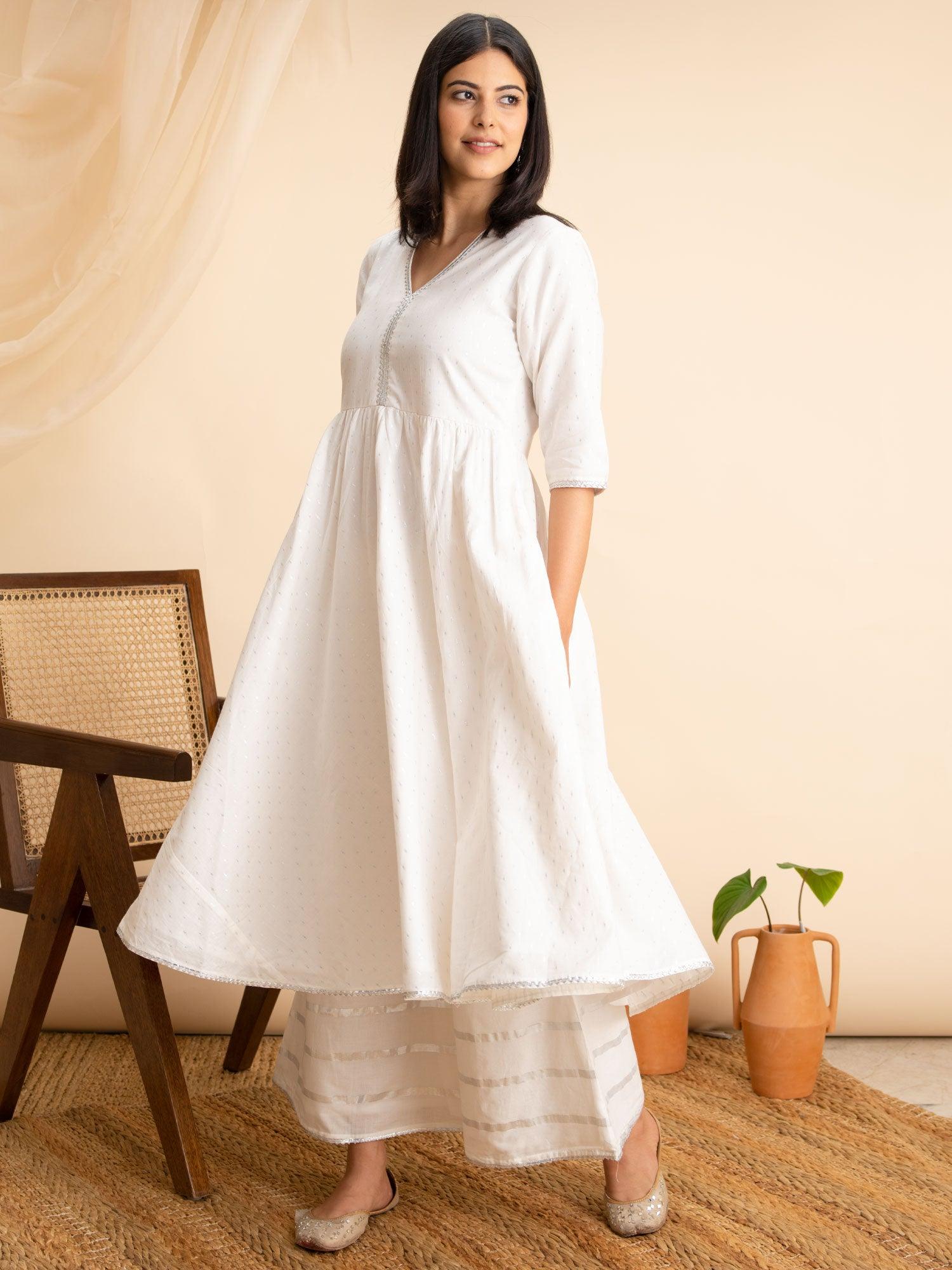 White Woven Design Cotton Kurta
