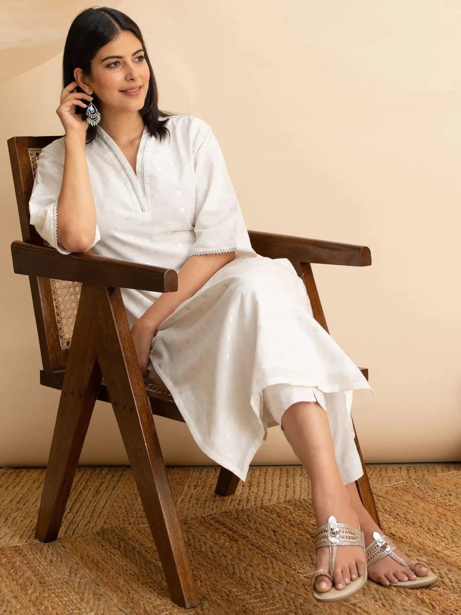 

White Woven Design Cotton Kurta