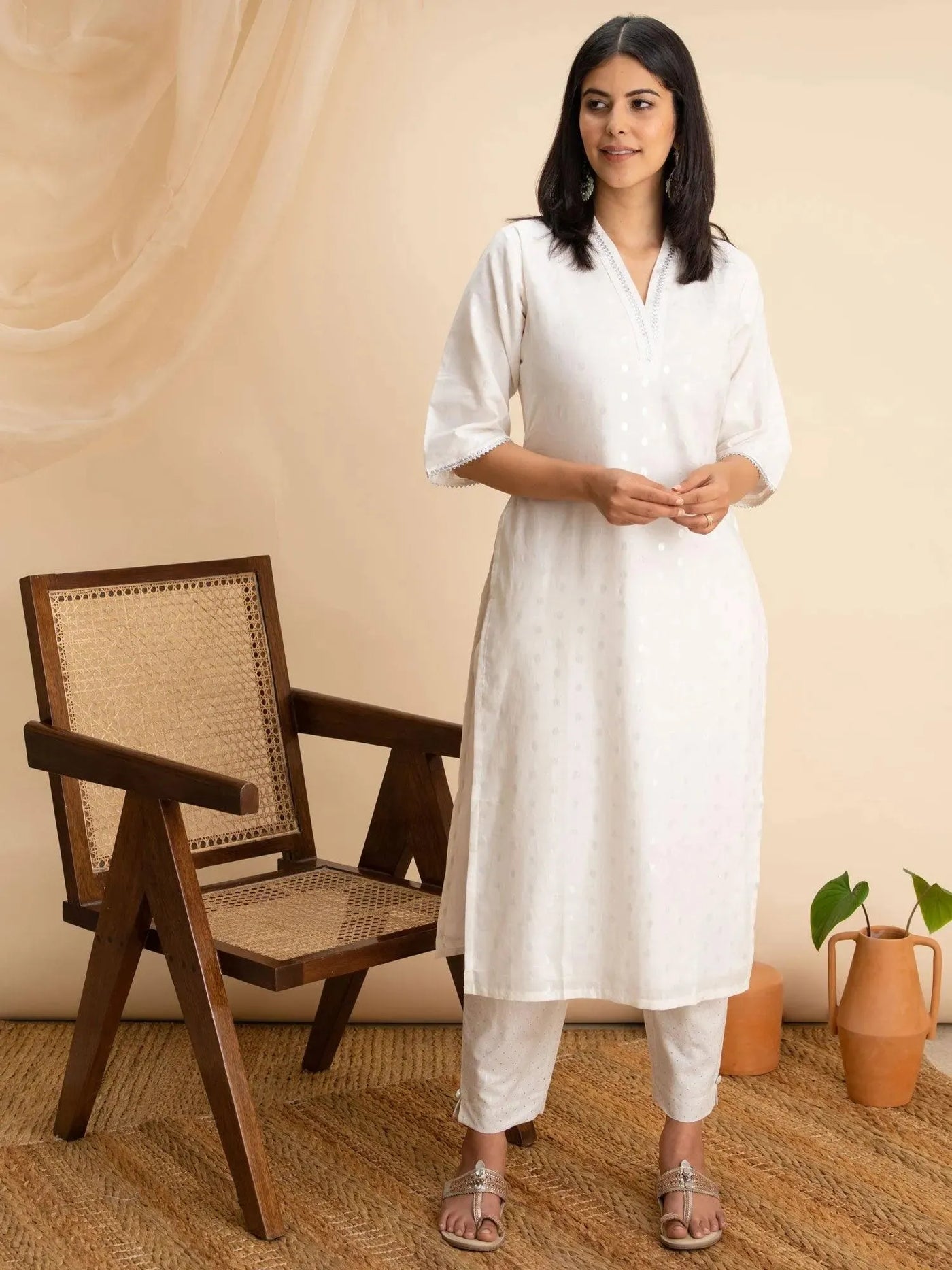 White Woven Design Cotton Kurta - Libas