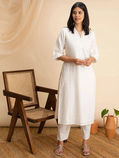 White Woven Design Cotton Kurta - Libas