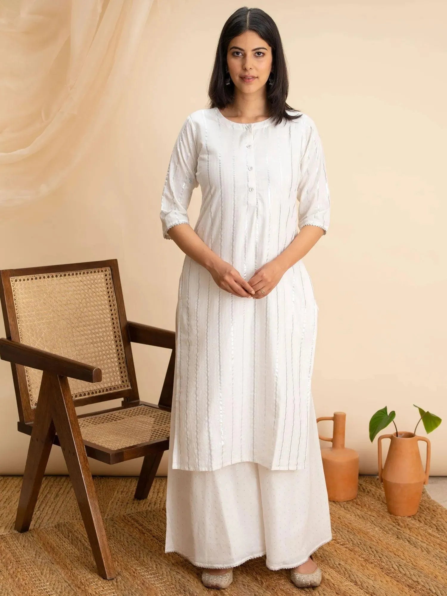 White Woven Design Cotton Kurta