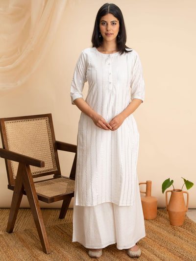 White Woven Design Cotton Kurta - Libas