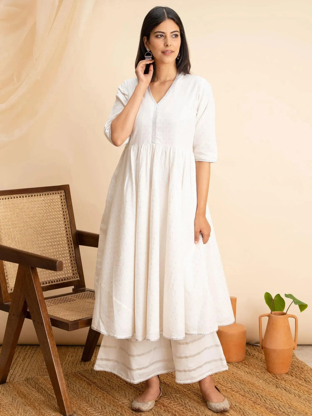 White Woven Design Cotton Kurta - Libas