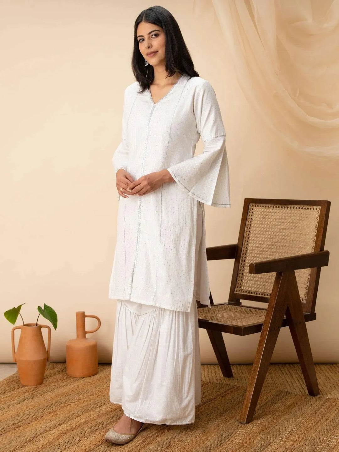 White Woven Design Cotton Kurta - Libas 