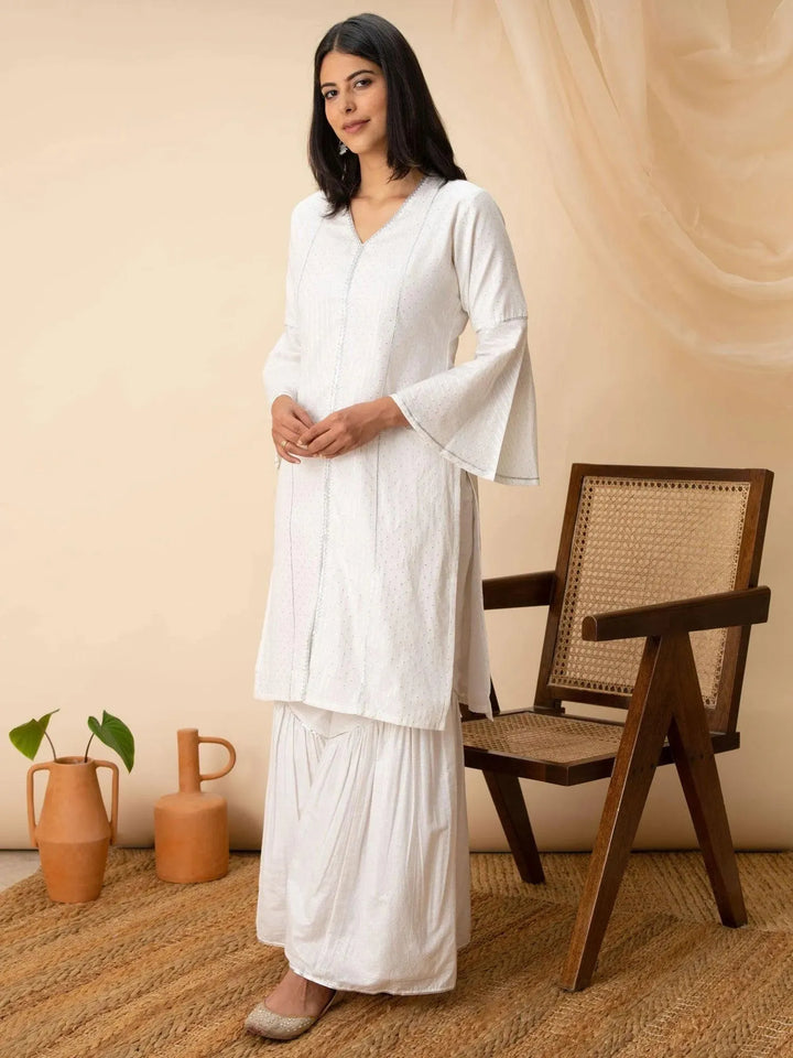 White Woven Design Cotton Kurta - Libas
