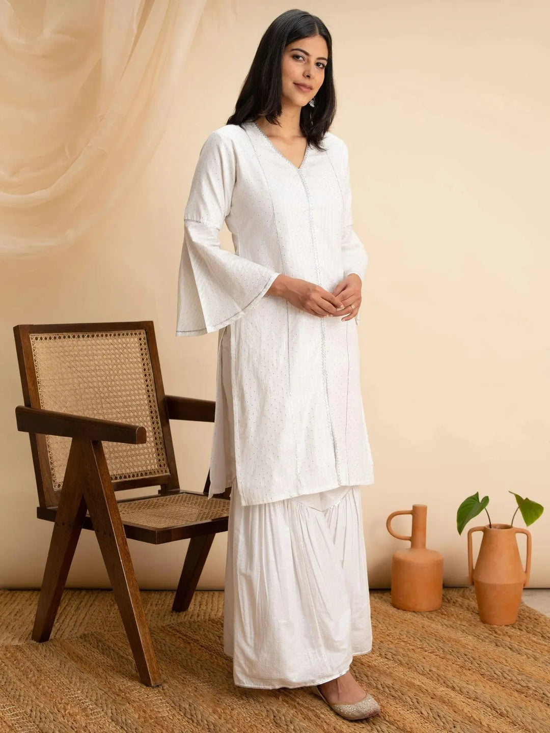 White Woven Design Cotton Kurta - Libas