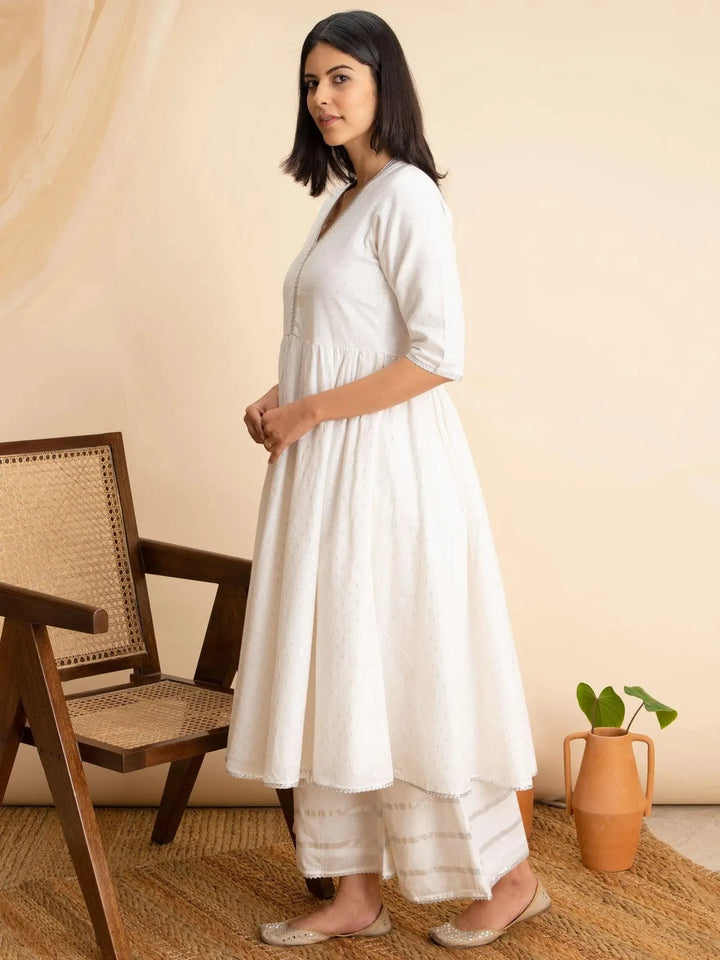 White Woven Design Cotton Kurta - Libas