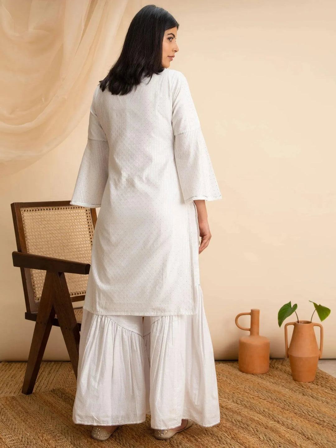 White Woven Design Cotton Kurta - Libas