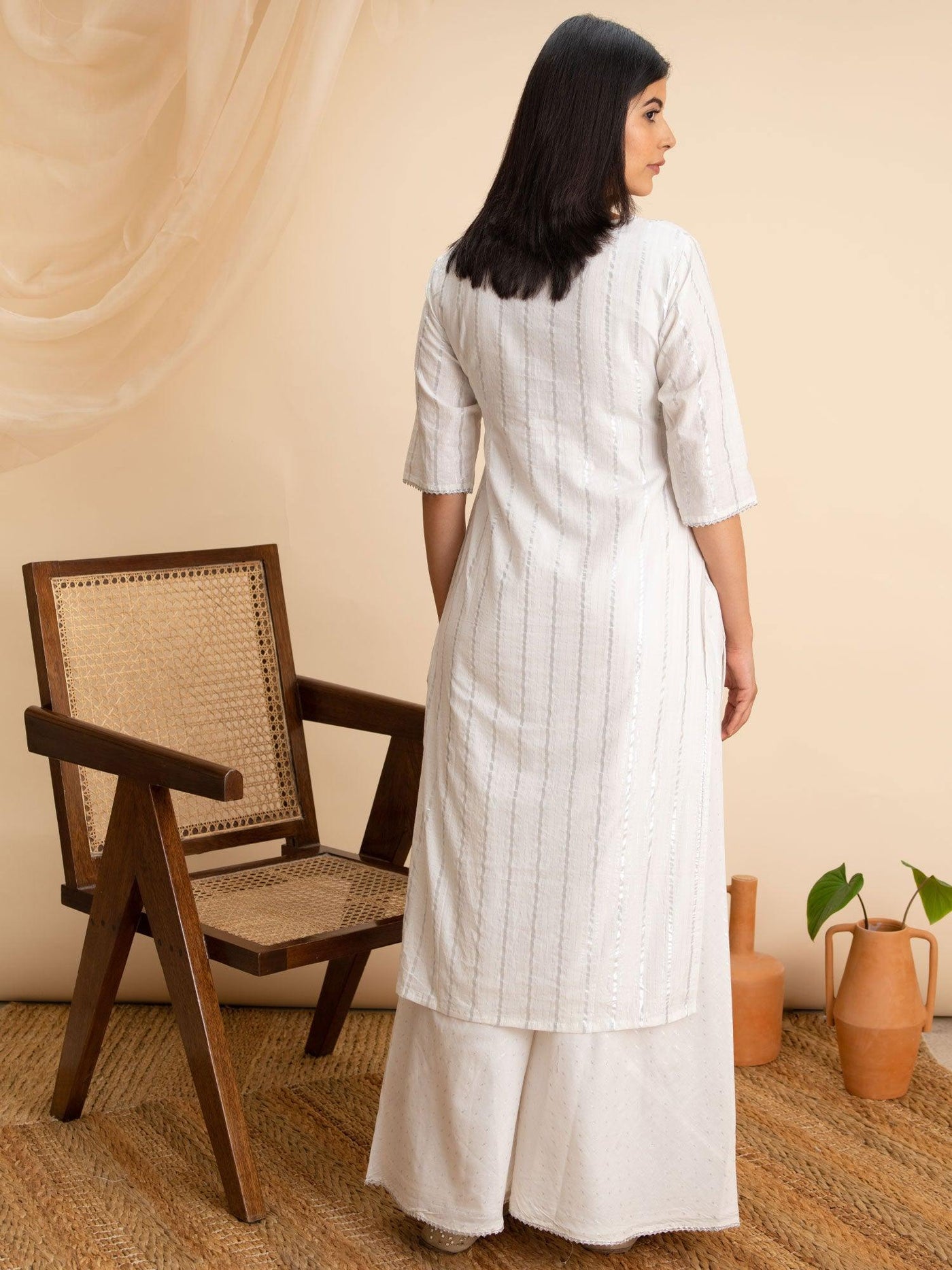 White Woven Design Cotton Kurta - Libas