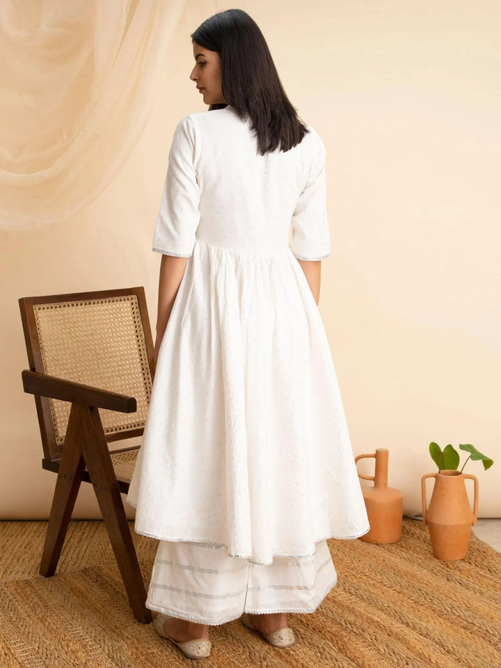 White Woven Design Cotton Kurta - Libas