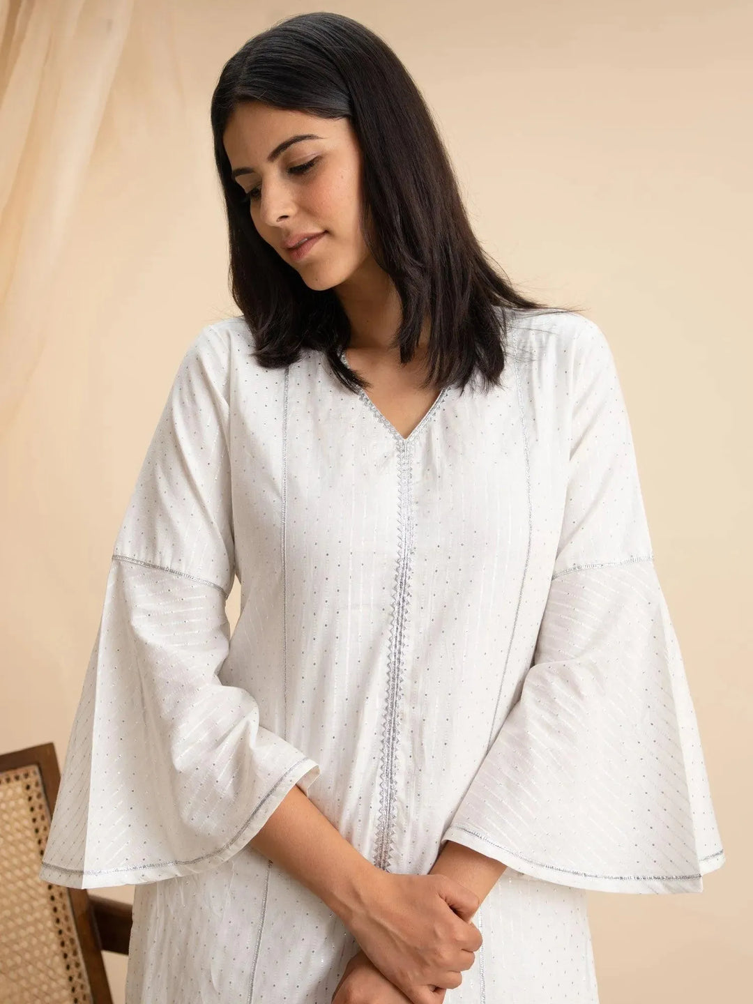 White Woven Design Cotton Kurta - Libas