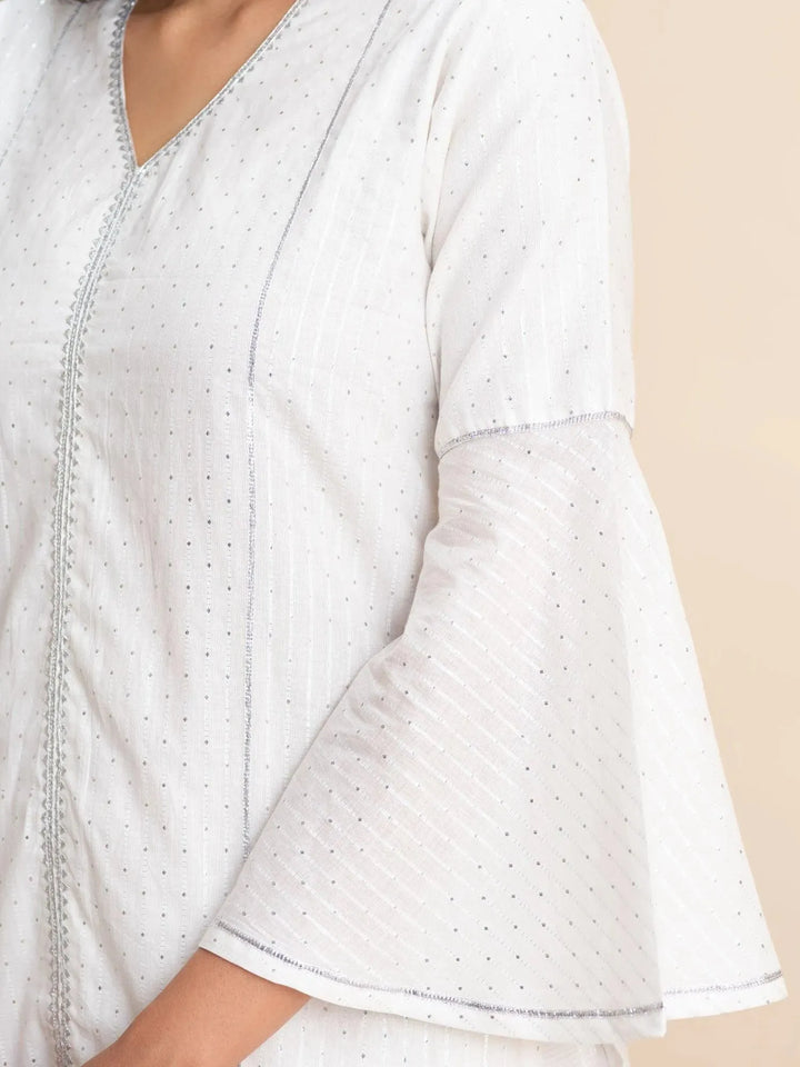 White Woven Design Cotton Kurta - Libas