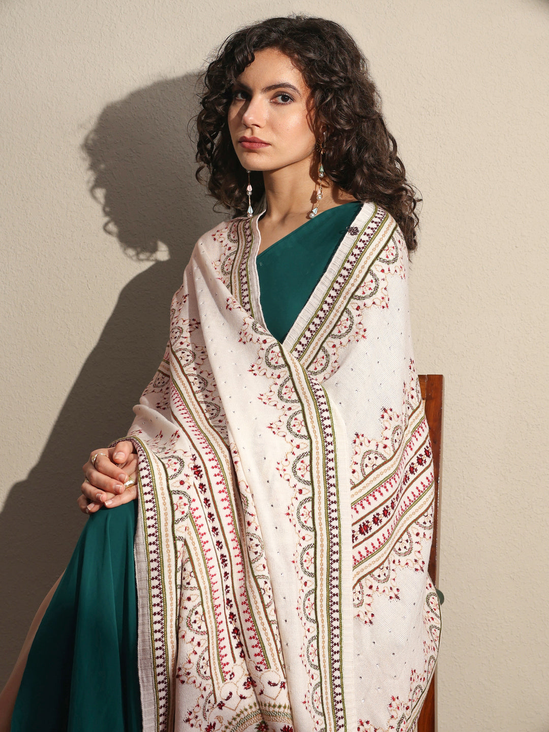 White Woven Design Wool Women's Shawl