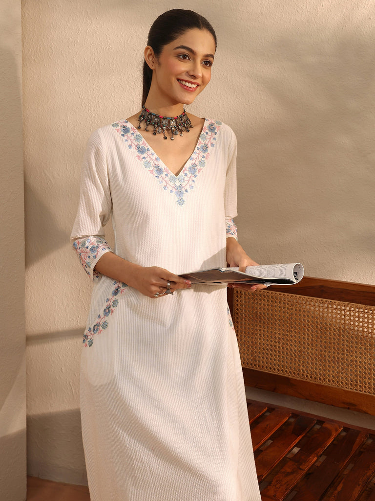 Libas White Yoke Design Cotton A-Line Kurta