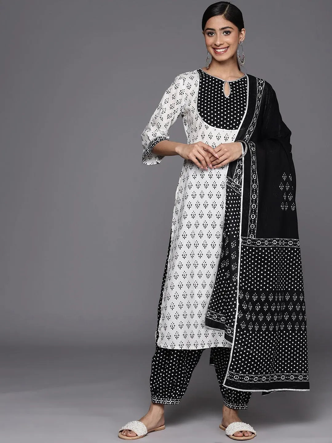 White Yoke Design Cotton Straight Suit Set With Salwar - Libas 
